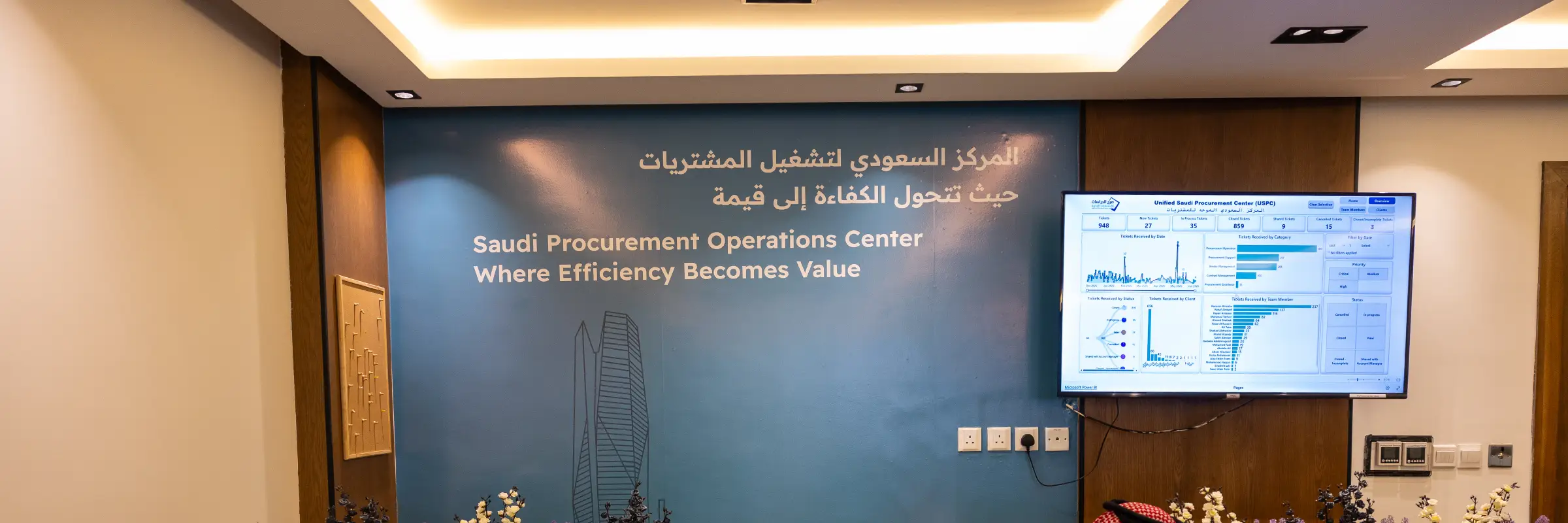 لوحة بيانات مركز عمليات المشتريات السعودي شاشة عرض في مركز عمليات المشتريات السعودي تعرض لوحة بيانات الكفاءة والقيمة